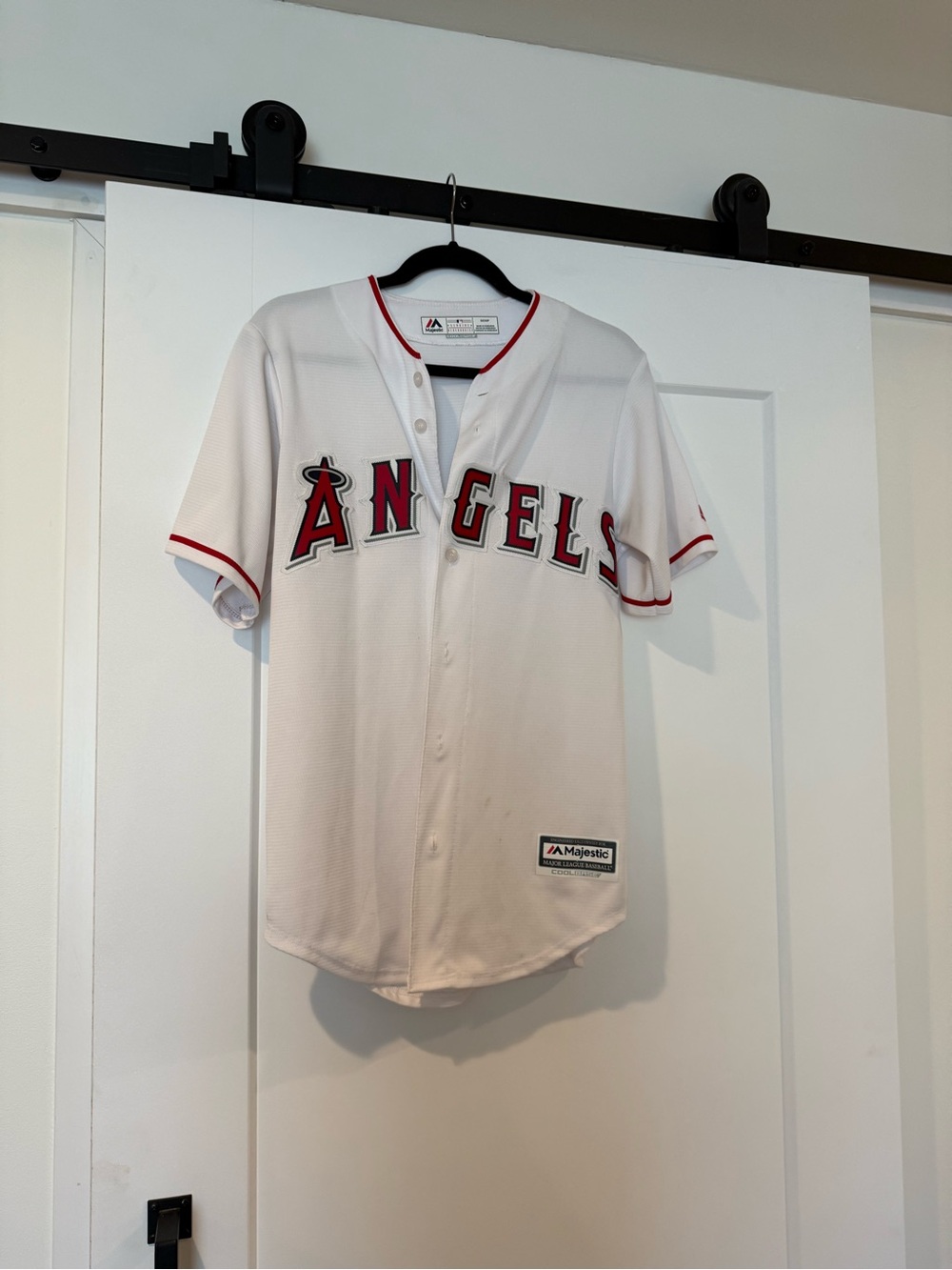 Majestic Angels White and Red Button-Front Baseball Jersey